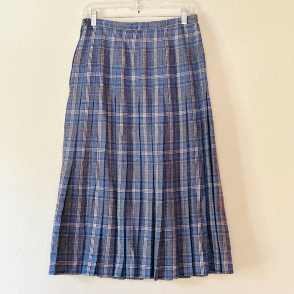 Pendleton 100% Wool Plaid Pleated Midi Skirt Size 12 - blue , beige, grey colors - Picture 1 of 10